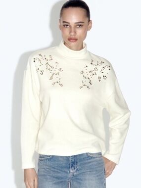 ✨ Zara Cream Embellished Mock-neck Sweater